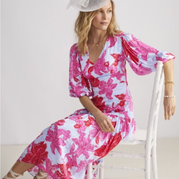 Vineyard Vines Kentucky Derby Seersucker Pink and White Floral Midi Dress size 6 - Picture 5 of 16